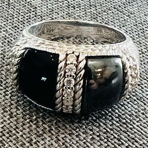 Judith Ripka Sterling Silver Black Onyx & White Topaz Rope Detail Statement Ring
